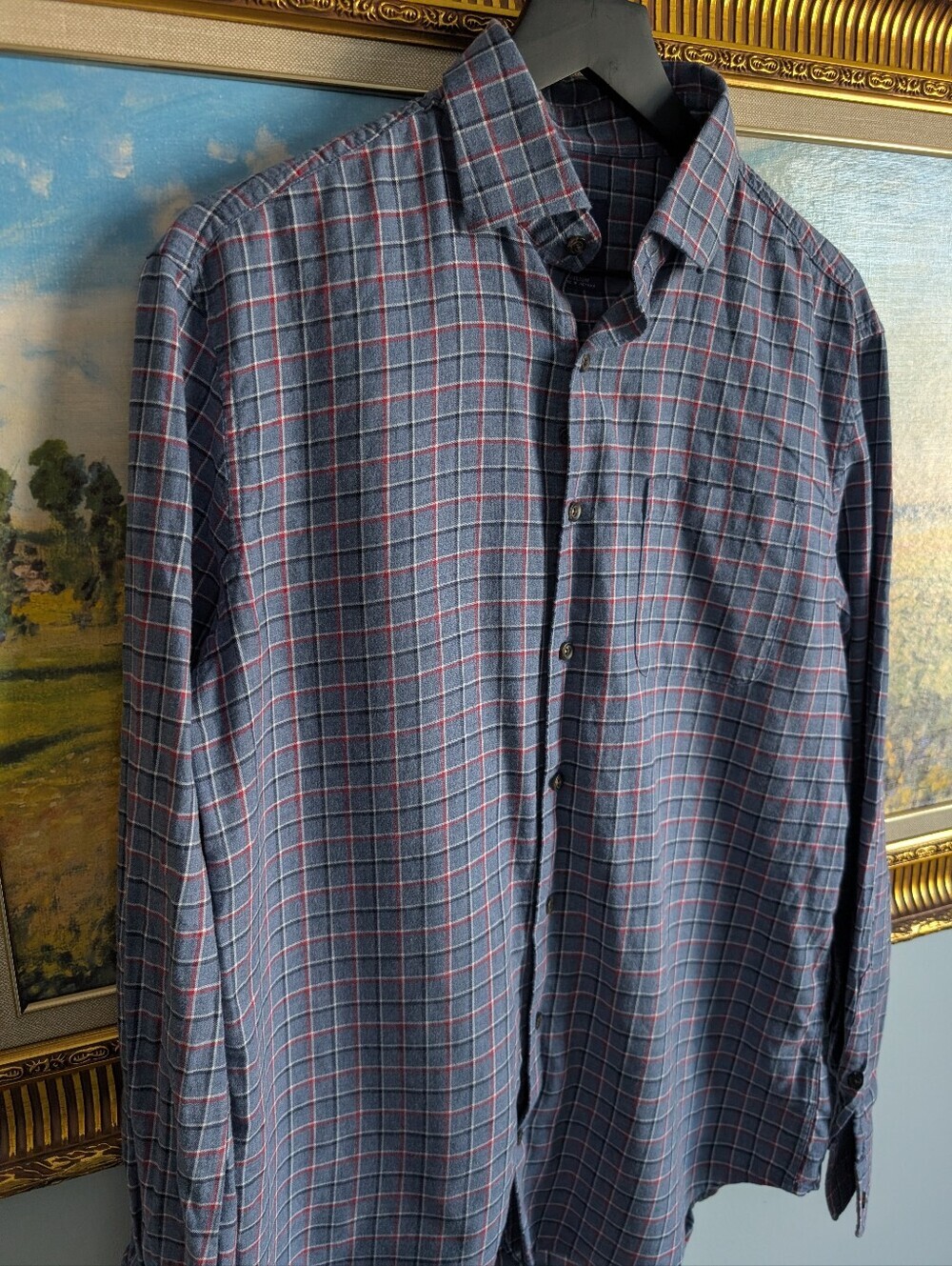johnnie-O Navy Plaid Button-Down Shirt with Red Windowpane